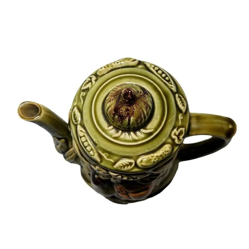 Vintage Ceramic Olive Green Teapot Fruit Veggies Decor Made in Japan‎